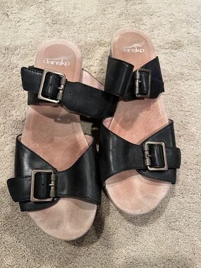 Dansko Black Leather Double Buckle Slide Sandals
